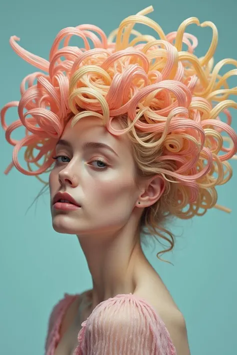 Portrait of a woman, with lush hair with voluminous shapes made of plastic noodles, surreal style, mix of natural and artificial, pastel tones, detailed hyperrealistic, 4K