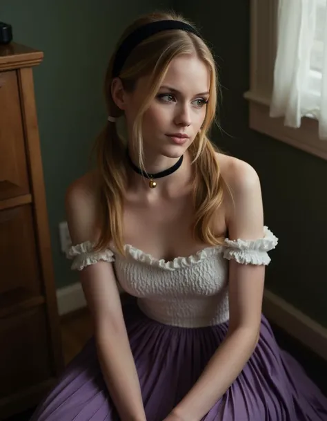 photograph of a  sensitive erin moriarty wo3r1nm0 with long hair wearing a shoulderless blouse with sleeves and a purples pleated skirt, she sitting and her hair is tied in twintails style and she wears a black headband, her bare shoulders and collarbones ...