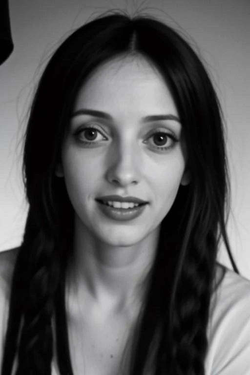 ((greyscale)), masterpiece, 8k, photorealistic, perfect face, high detailed skin, closed mouth, beautiful woman, small natural propotions, (((pitch black very long thick braided hair))),(((very inspired by Shelley Duvall from the movie shining))), very shy...