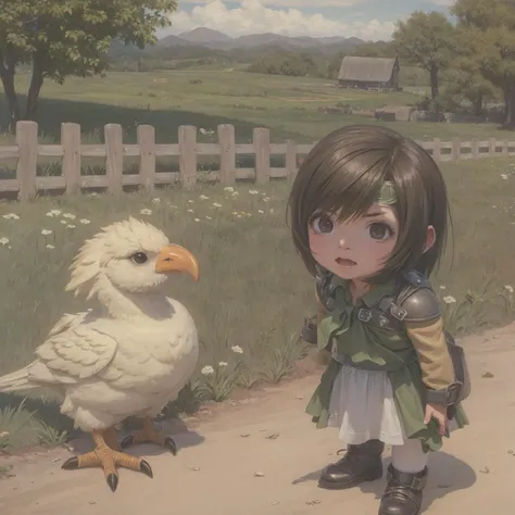 baby chocobos, <lora:chocobo-nvwls-v1:0.5>, 1girl, yuffie kisaragi, <lora:yufi_kisaragi:1>, farm, <lora:hand 4:0.3>