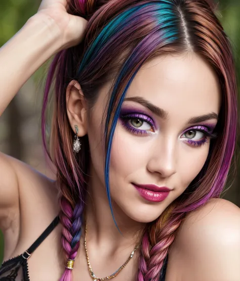 a close up of a woman with colorful hair and a necklace