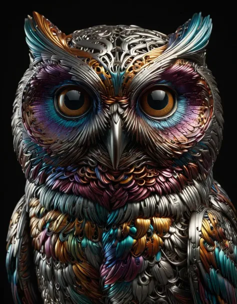 a close up of a colorful owl statue on a black background