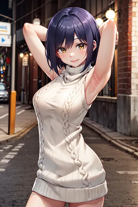 masterpiece,best quality,highres,ultra-detailed,aarin,(mole under eye:0.8),short hair,bangs,large breasts,<lora:shizuka_rin:0.8>,(sweater:1.2),(turtleneck:1.2),street,smile,standing,(sleeveless:1.4),arm_behind_head,arms_up,cowboy shot,