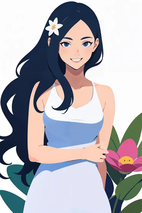 a cartoon girl with long black hair and a white dress holding a flower