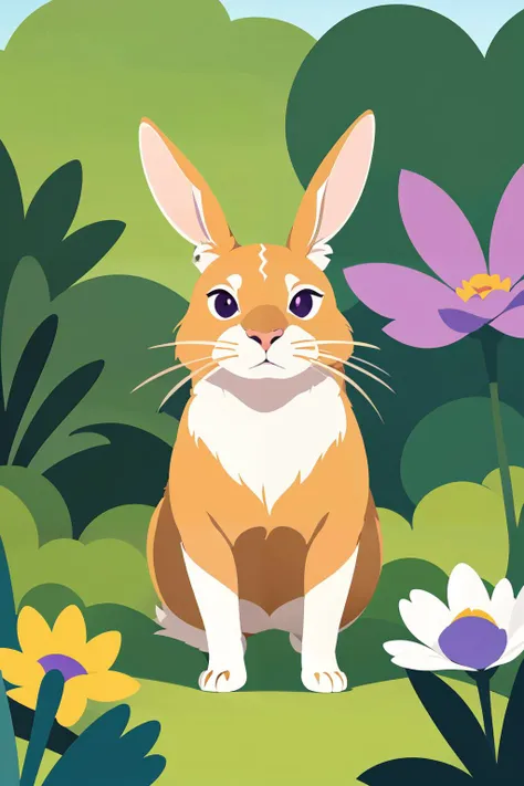 a cartoon rabbit sitting in the grass with flowers and plants