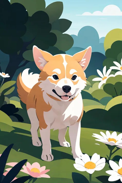 there is a dog that is standing in the grass with flowers