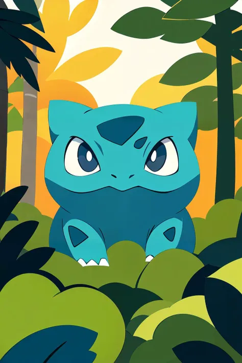 a cartoon of a blue pokemon sitting in the middle of a forest