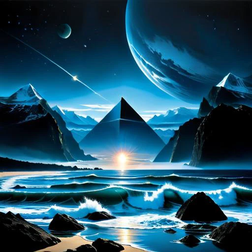 a painting of a beautiful ocean scene with mountains and planets