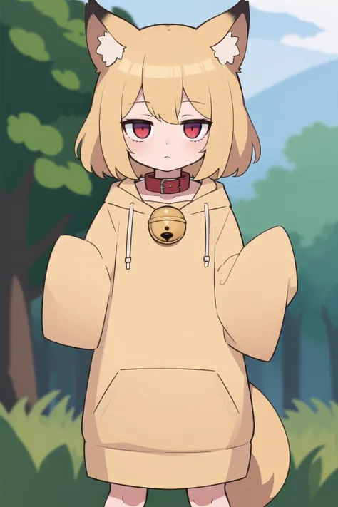 anime, hdr, soft light, ((best quality)), ((masterpiece)), (detailed), fox girl, solo, cute, chibi, flat chest, short hair, blonde hair, red eyes, jitome, animal ear fluff, fox tail, fluffy, hoodie, (brown collar, neck bell:1.1), oversized_clothes, sleeves...