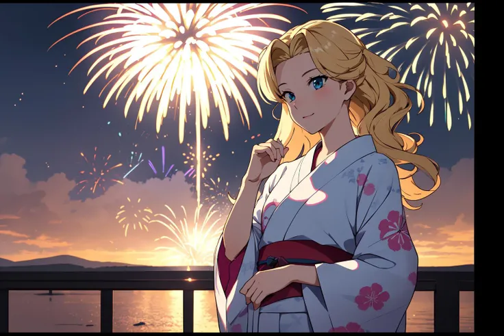 (RAW photo, best quality), 1girl, 
 <lora:srw_og_leona_garstein_v1_2-000003:1>, srw_leona_garstein, 
summer evening, fireworks, yukata,