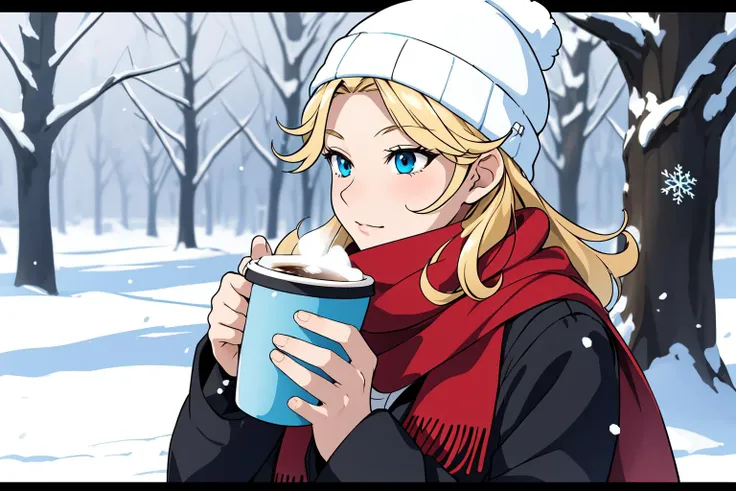 (RAW photo, best quality), 1girl, 
 <lora:srw_og_leona_garstein_v1_2-000003:1>, srw_leona_garstein, 
winter, scarf, beanie cap, drinking coffee, aroma, snowflake,