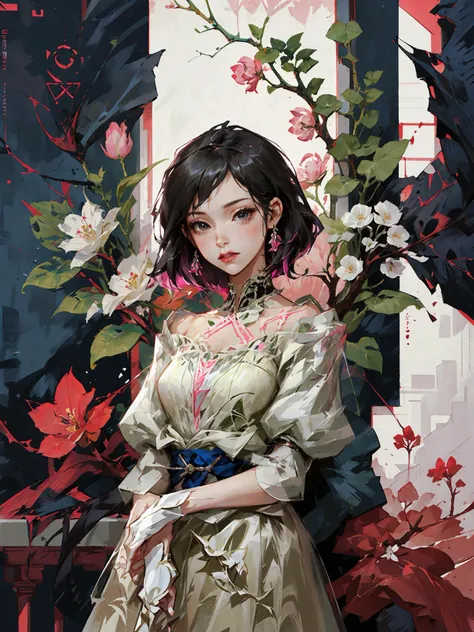 a woman in a white dress standing in front of a tree with pink flowers on it and a blue sky,Chizuko Yoshida,rossdraws global illumination,a detailed painting,<lora:ç¦æ´å°ç¹-000013:1>,