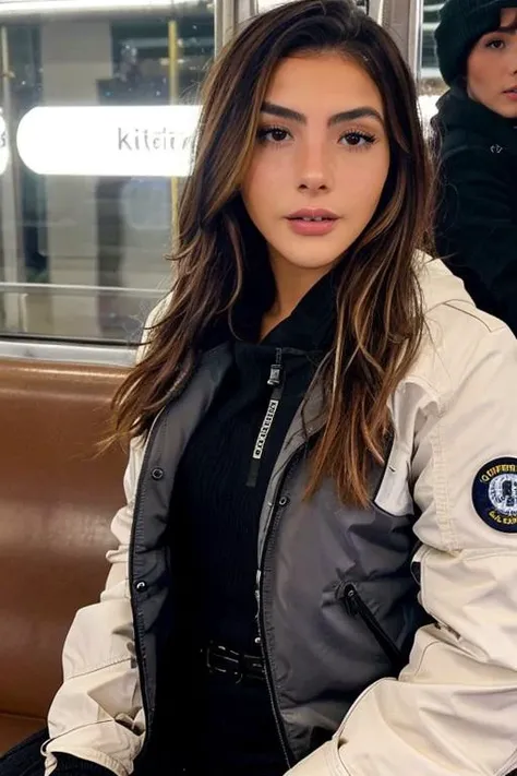 andreabotez, photograph, a woman wearing a winter jacket, on a subway train, underground, sharp lighting, <lora:andreabotez_0117_sd1.5_andyxn:0.60>