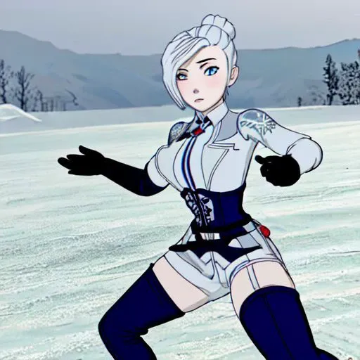 1 girl, winter schnee, latex, elbow gloves, thigh boots, corset