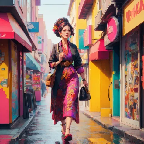 woman walking down a busy street, colorful, intricate detail, masterpiece, high detail, high quality