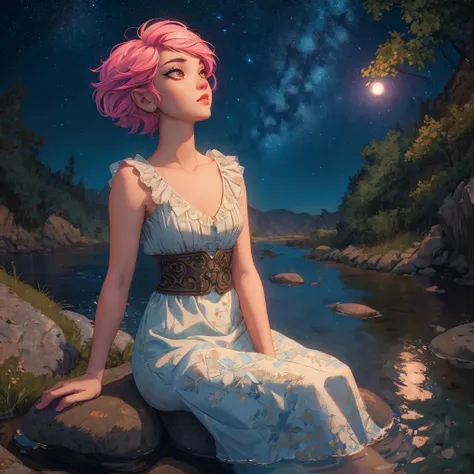 woman with pixie hair style, sitting on a rock by a river, looking up at the sky, moonlight, beautiful face, good eyes, good detail, colorful, intricate detail, masterpiece, high detail, high quality