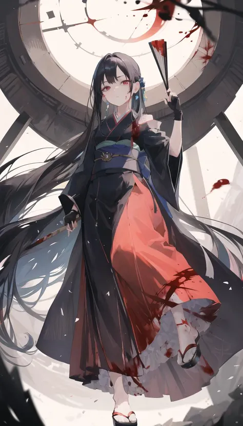 (1girl:0.3), serious, bored, disappointed, (mature female:1.5), aged up,  death,  (blood:1.2), (open fan:1.3), long hair,  (absurdly long hair:1.3), hime cut, ( black kimono:1.2), battle, red eyes,gloves, fingerless gloves,  glowing eyes, black hair, fight...