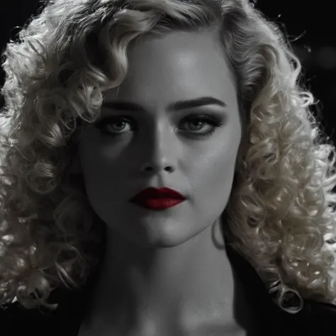 cinematic film still of  <lora:sin city style v2:1>
In Sin City universe Goldie a woman with blonde hair and a black top sin city style,1girl,solo,long hair,looking at viewer,blonde hair,blurry,black eyes,makeup,lipstick,portrait,curly hair,realistic,red l...