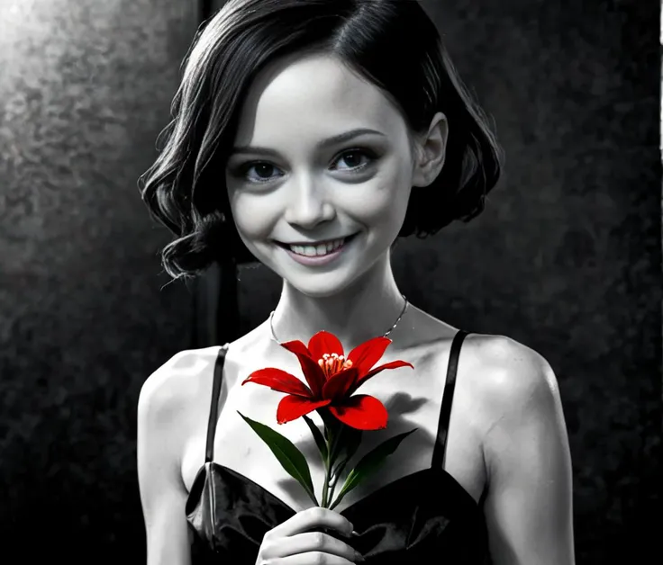 detailed monocrome portrait photo, 1920s, cute young woman receive a red flower, sin city style, black dress, little smile, <lora:sin city style v2:1>  <lora:DetailedEyes_V3:1>