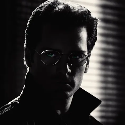 cinematic film still of  <lora:sin city style v2:1>
In Sin City universe a silhouette man with highlighted glowing glasses sin city style,solo,1boy,monochrome,male focus,glasses,portrait,dark,horror (theme),opaque glasses,Frank Millers Sin City,dark theme,...