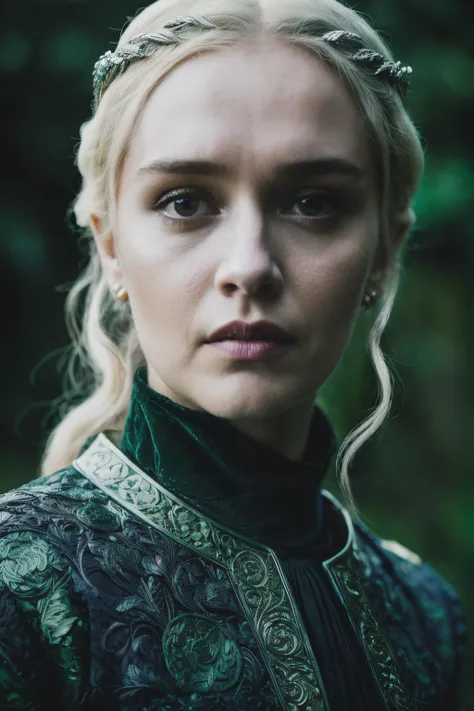 A stunning intricate full color up close face portrait of olc , dressed in a green game of thrones outfit, epic character composition, by ilya kuvshinov, alessio albi, nina masic, sharp focus, natural lighting, subsurface scattering, f2, 35mm,<lyco:OliviaC...