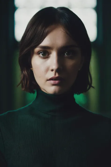 A stunning intricate full color portrait of olc , wearing a dark green turtleneck, epic character composition, by ilya kuvshinov, alessio albi, nina masic, sharp focus, natural lighting, subsurface scattering, f2, 35mm,<lyco:OliviaCooke-RealVision-V1.0:1.0...