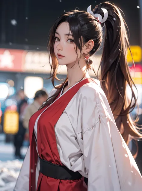 a close up of a woman in a red and white dress