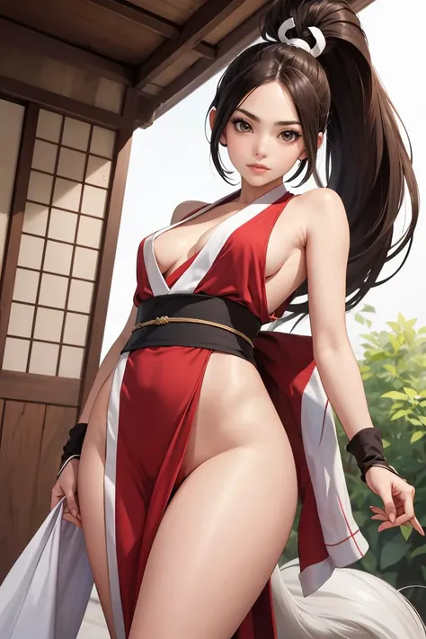 (masterpiece, best quality),<lora:shiranui_mai:0.8>,shiranui_mai,japanese clothes,revealing clothes,high ponytail,pelvic curtain,ninja,thighs,