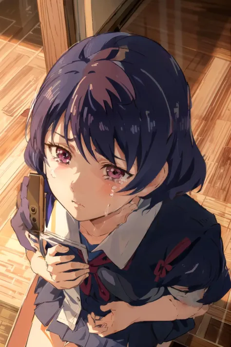 a detailed picture of  ruitachibana, with a Japanese school uniform, sitting on stairs, looking down, purple hair, crying <lora:RuiTachibana3:1>, with a phone on the floor, cute face, big glossy eyes, anime face, girl