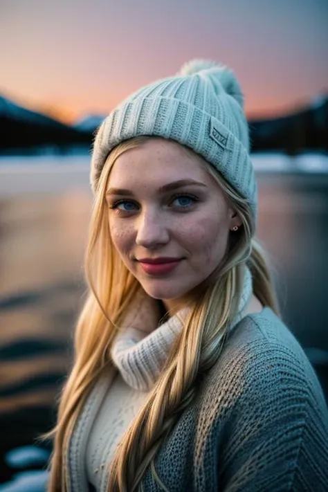 a woman with a hat and sweater standing by a lake