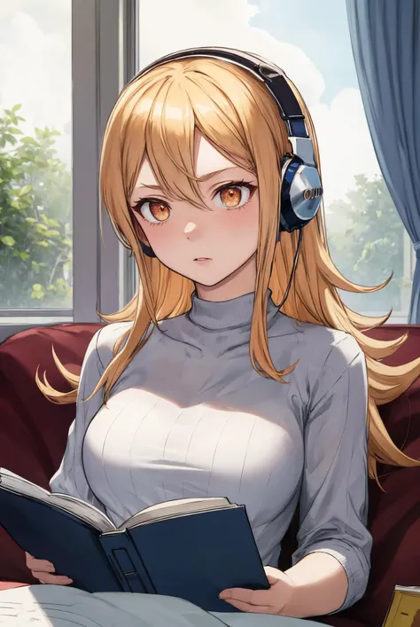 masterpiece, best quality, absurdres, perfect anatomy, 1girl, solo, MiraKamiunten, streaked hair, day,, <lora:MiraKamiuntenV2:0.9>, casual oufit, upper body, sit, loffy girl, headphone, listening music, reading book, windows, night