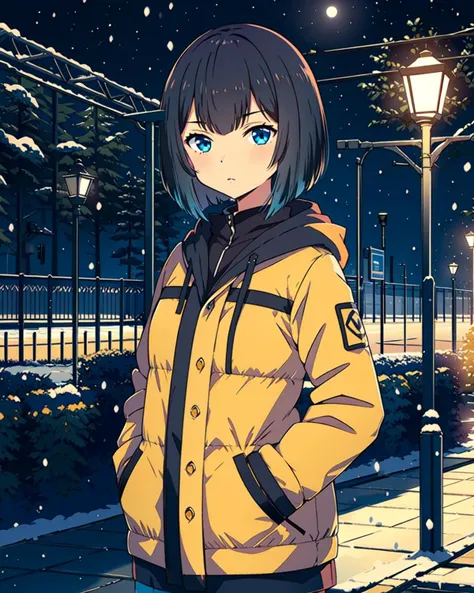 anime girl in yellow jacket standing on sidewalk in snow