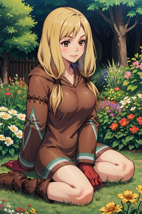 masterpiece, best quality, <lora:FinalFantasy_FemaleGeomancer:1> GeomancerFFT, long hair, blonde hair, twintails, low twintails, brown eyes, dress, hood, gloves, boots, large breasts, sitting, on ground, garden, flowers, smile