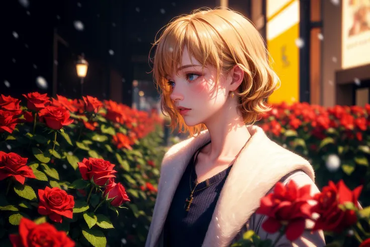 a woman standing in a field of red roses in a city