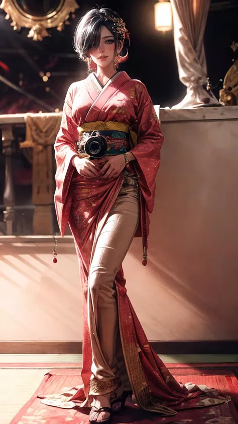 a woman in a red kimono standing on a red rug