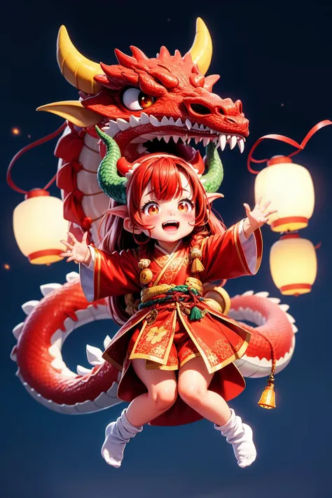 a girl in a red dress holding a lantern and a dragon