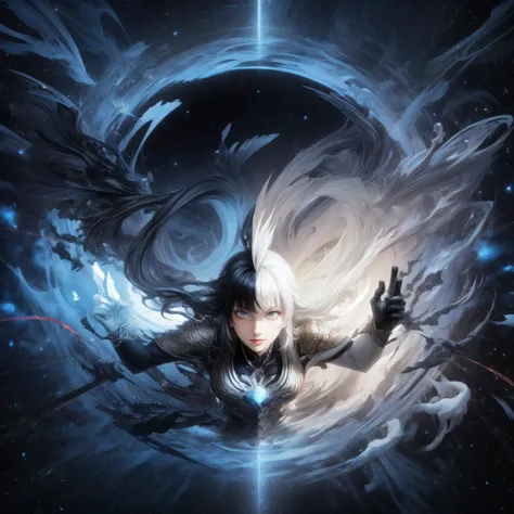 a woman with white hair and black hair is flying through a vortex