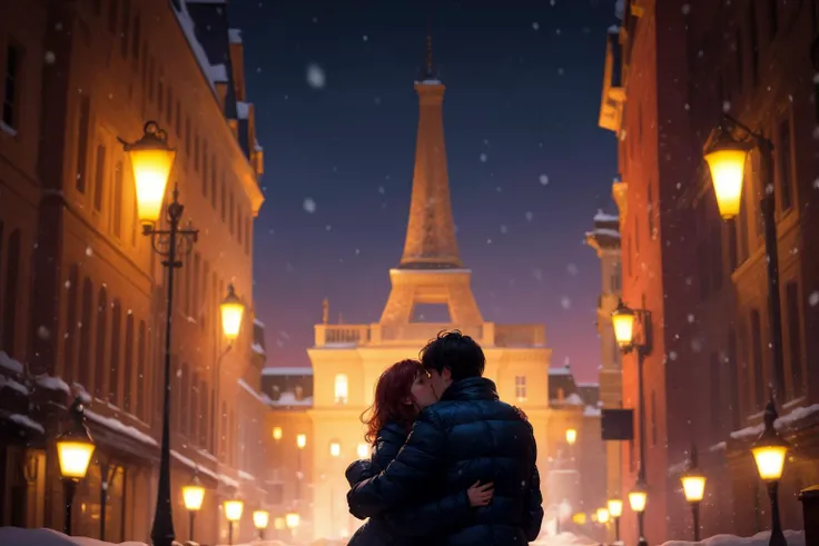 snowy night in paris with a couple kissing in the street