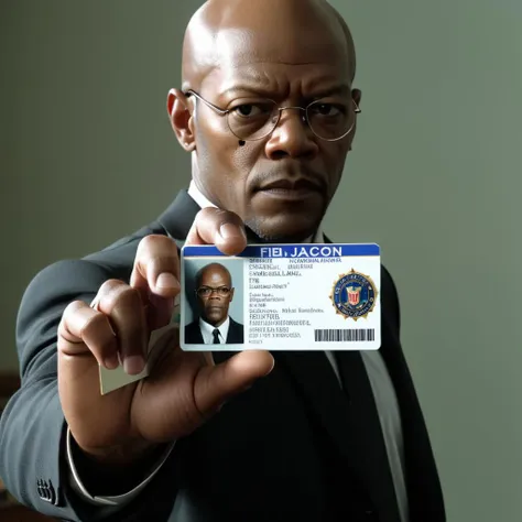 a man in a suit holding a fake id card in his hand