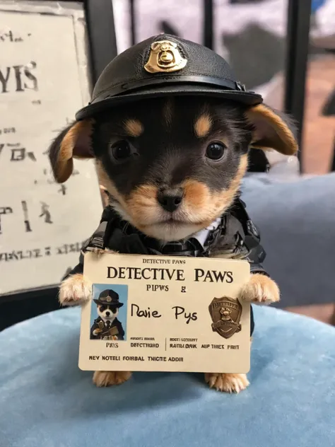 a close up of a small dog wearing a police hat and holding a fake id