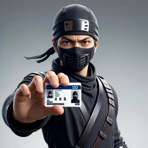 a man in a ninja costume holding a card with a name tag