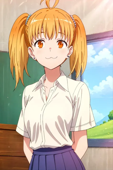 best quality, masterpiece, <lora:Yoshi_V2:0.65>, Yoshi, 1girl, :3, jewelry, earrings, solo, ahoge, blonde hair, orange hair, orange eyes, smile, school uniform, closed mouth, twintails, hands behind back, dress shirt, pleated skirt