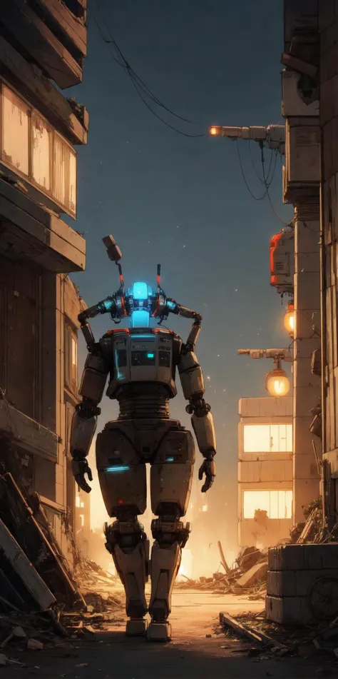 a robot walking through a city with a building in the background