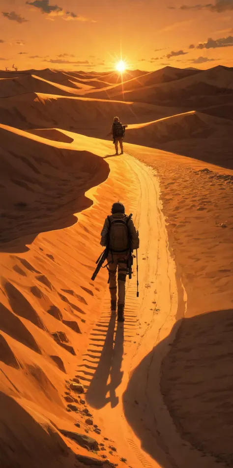 arafed man walking in the desert with a backpack and a backpack