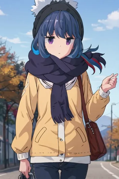 best quality, masterpiece, highres, solo, {shima_rin_yurucamp:1.15}, blue_hair, purple_eyes, closed_mouth, outdoors, single_hair_bun, hair_bun, 1girl, hat, jacket, long_sleeves, scarf, sky, multicolored_clothes, multicolored_scarf, beanie, looking_at_viewe...