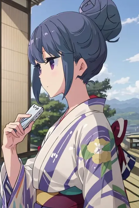 best quality, masterpiece, highres, solo, {yukata:1.40}, {kimono:1.20}, {shima_rin_yurucamp:1.15}, blue_hair, purple_eyes, closed_mouth, outdoors, single_hair_bun, hair_bun