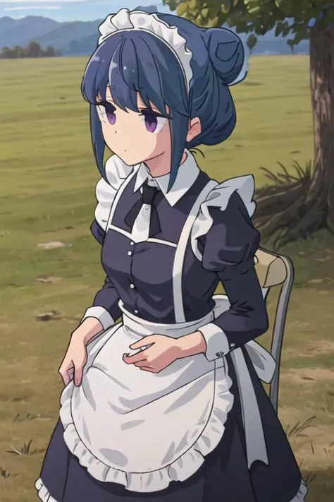 best quality, masterpiece, highres, solo, {maid:1.40}, {long maid dress:1.15}, {shima_rin_yurucamp:1.15}, blue_hair, purple_eyes, closed_mouth, outdoors, single_hair_bun, hair_bun