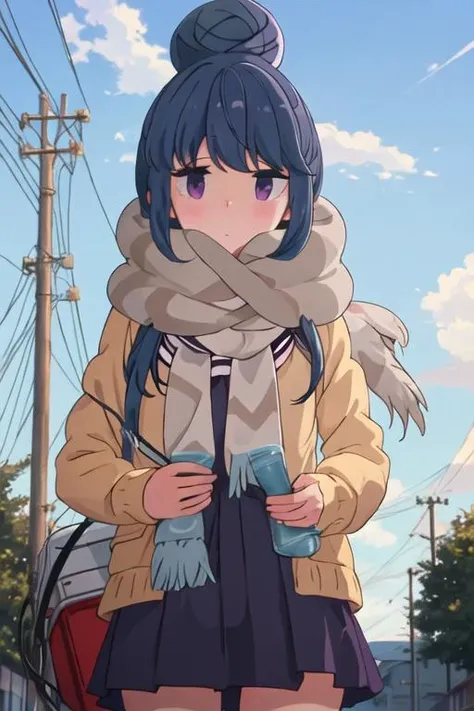 best quality, masterpiece, highres, solo, {shima_rin_yurucamp:1.15}, blue_hair, purple_eyes, closed_mouth, outdoors, single_hair_bun, hair_bun, 1girl, blue_sky, cloud, day, helmet, scarf, sky, bangs, blush, looking_at_viewer, power_lines, utility_pole