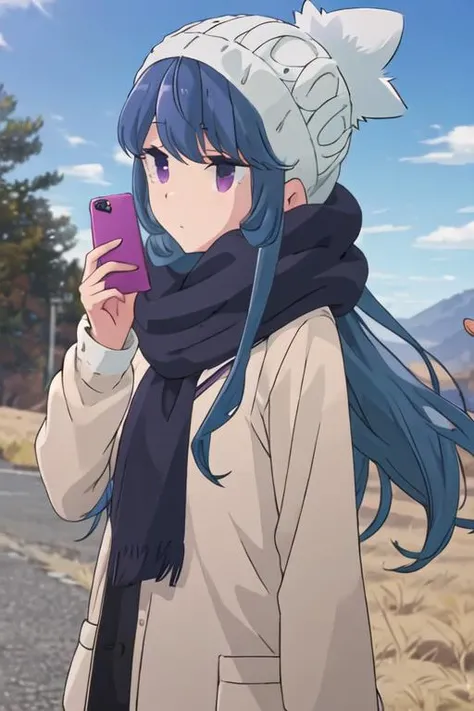 best quality, masterpiece, highres, solo, {shima_rin_yurucamp:1.15}, blue_hair, purple_eyes, closed_mouth, outdoors, single_hair_bun, hair_bun, 1girl, blue_sky, cellphone, day, hat, holding, holding_phone, long_hair, looking_at_phone, phone, sky, smartphon...