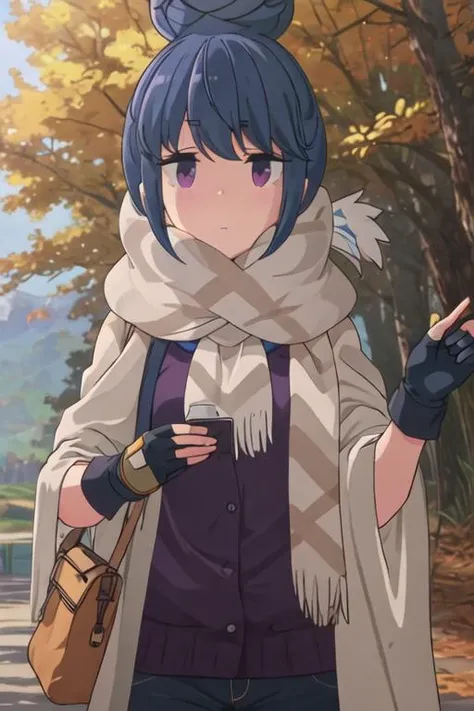 best quality, masterpiece, highres, solo, {shima_rin_yurucamp:1.15}, blue_hair, purple_eyes, closed_mouth, outdoors, single_hair_bun, hair_bun, 1girl, fingerless_gloves, gloves, shawl, scarf, holding, photo_background, nature